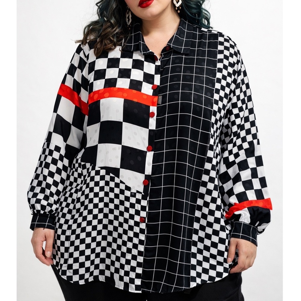 Angela Marie for Chez Vtg‎ Satin Red Black Checkered Artistic Tunic Blouse Sz 20